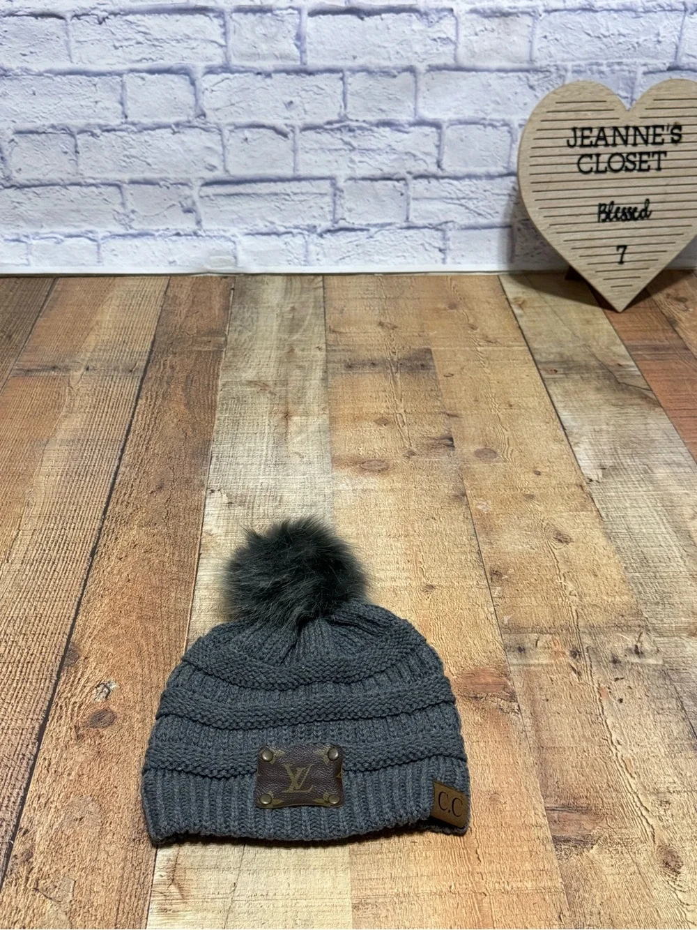 Upcycled luxury CC Pom Pom gray beanie hat  One size  Good pre owned condition
